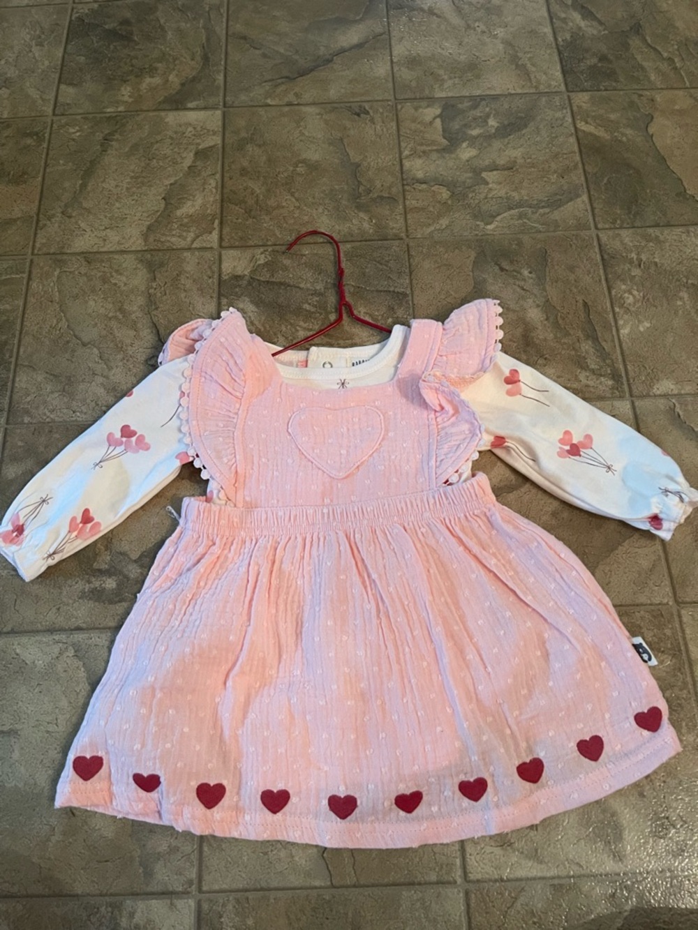 Pink Heart Appliqué Ruffled Pinafore Dress for Kids